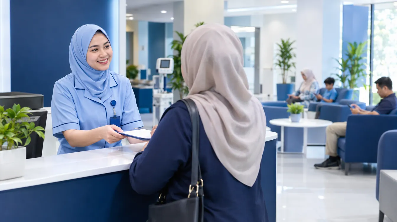 Nurse welcoming a patient at a modern clinic reception