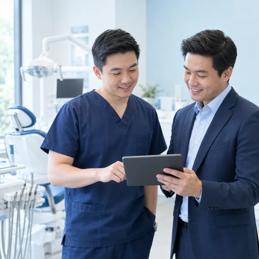 Dentist reviewing his indemnity cover with an MRCM advisor in a dental clinic