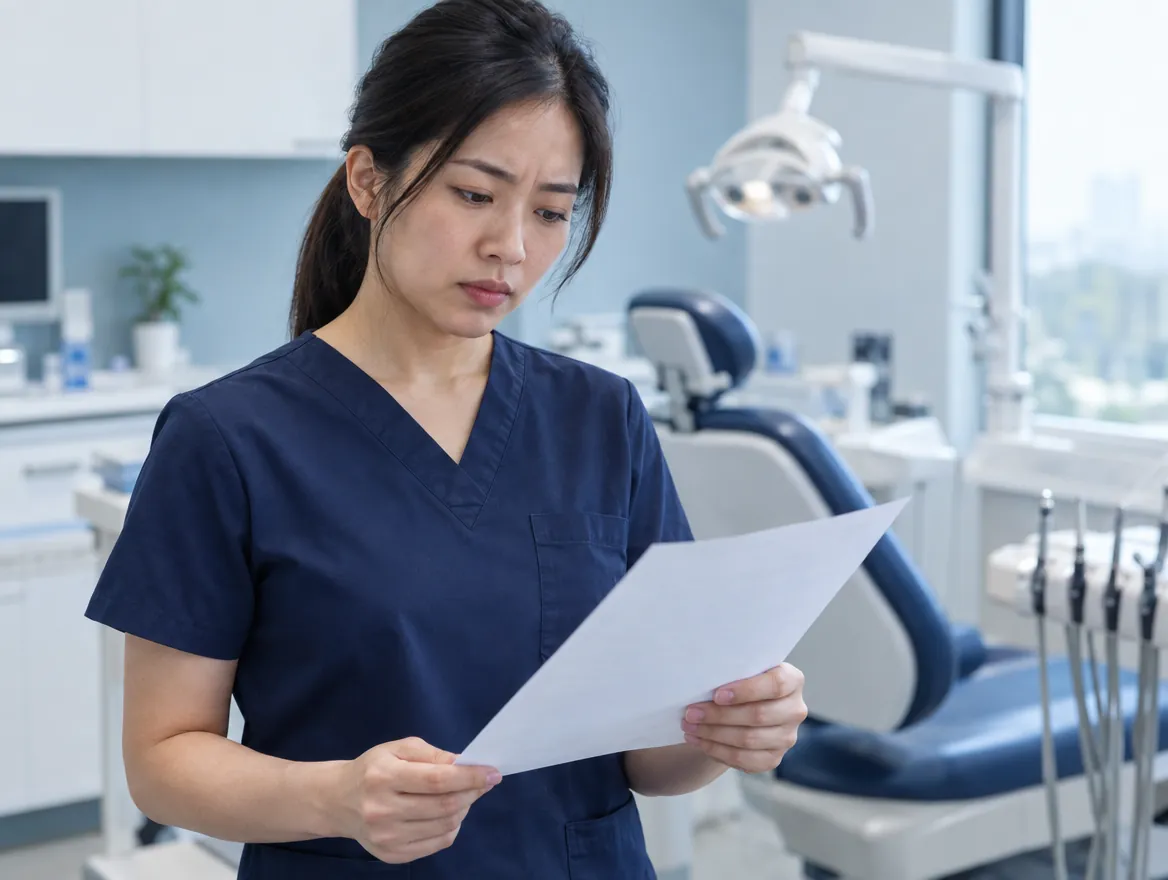 Dentist reading a formal complaint letter in her dental clinic