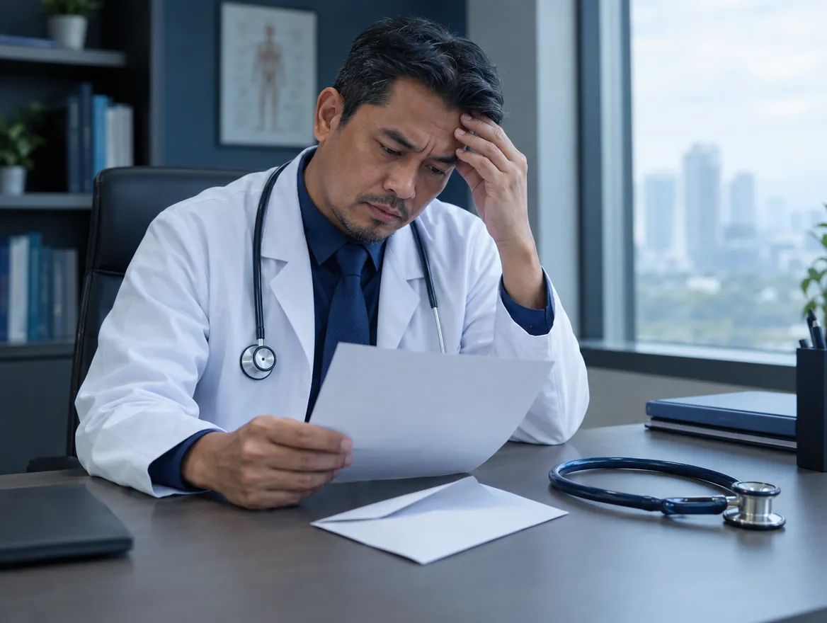 Doctor reading a patient complaint letter at his clinic desk