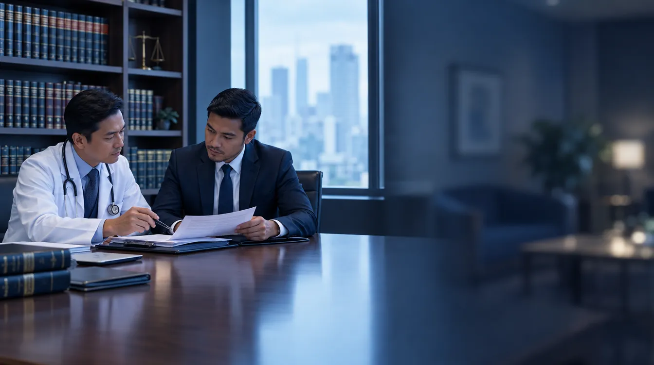 Doctor reviewing case documents with a lawyer