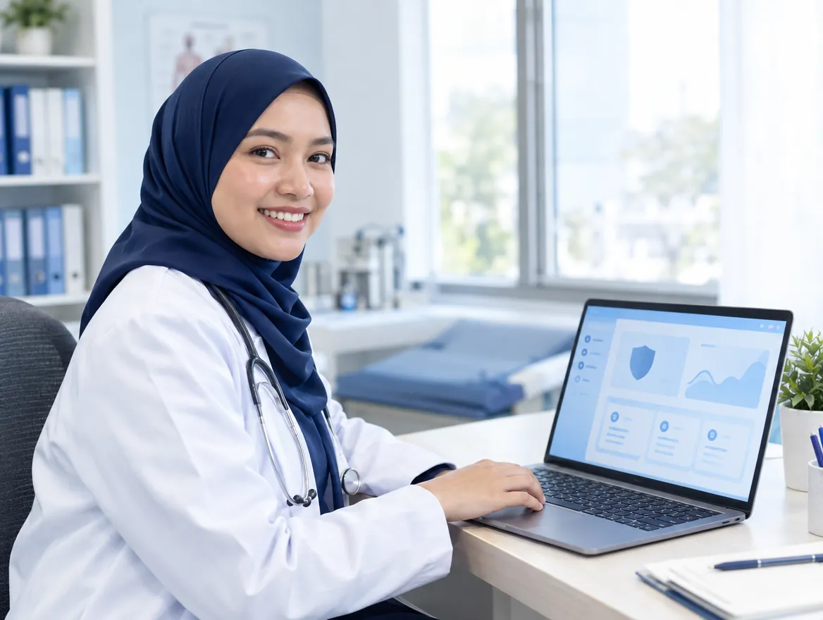 Doctor managing her insurance policy online on a laptop