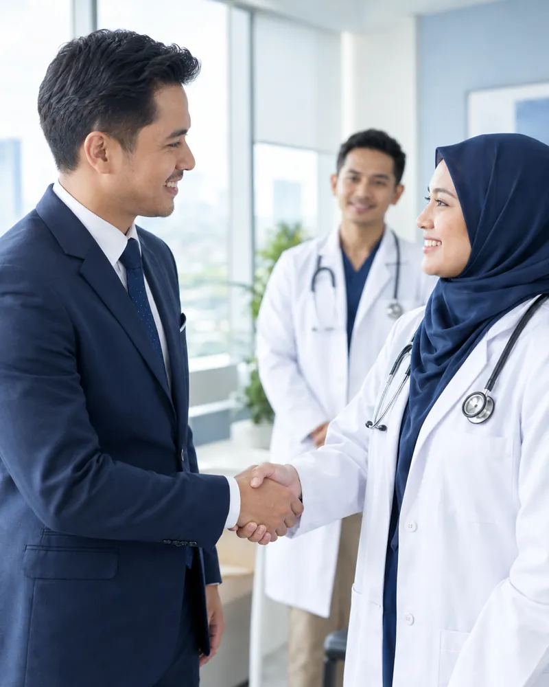 MRCM advisor shaking hands with a doctor at her clinic