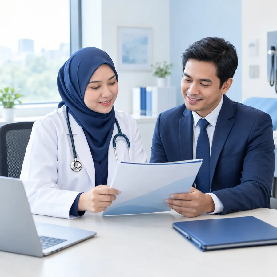 Doctor reviewing her professional indemnity policy with an MRCM advisor