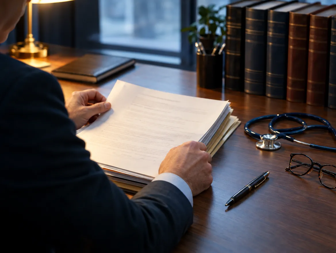 Medico-legal consultant reviewing a medical case file