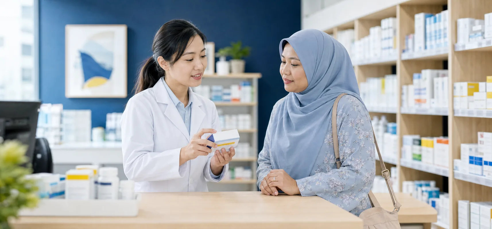 Pharmacist explaining a medicine to a customer at a pharmacy counter