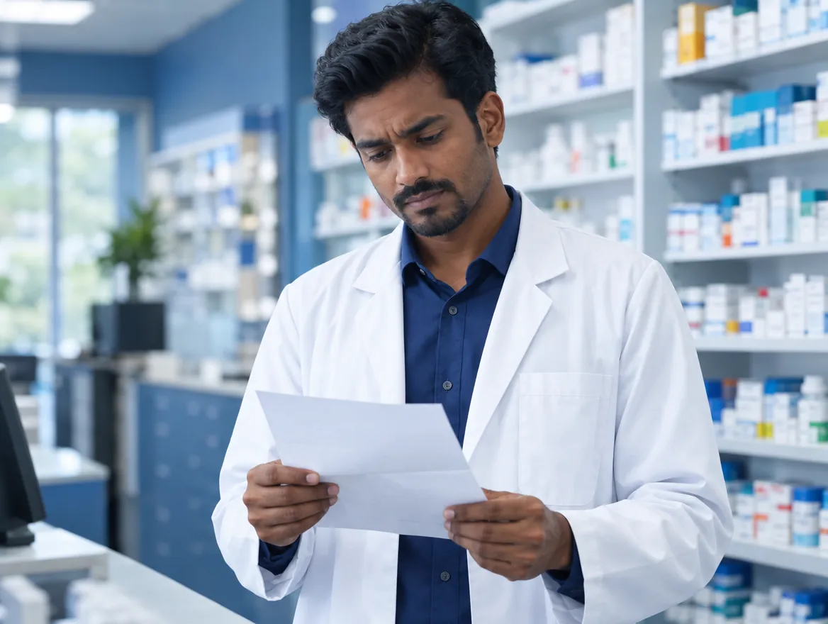 Pharmacist reading a formal letter in the pharmacy dispensary