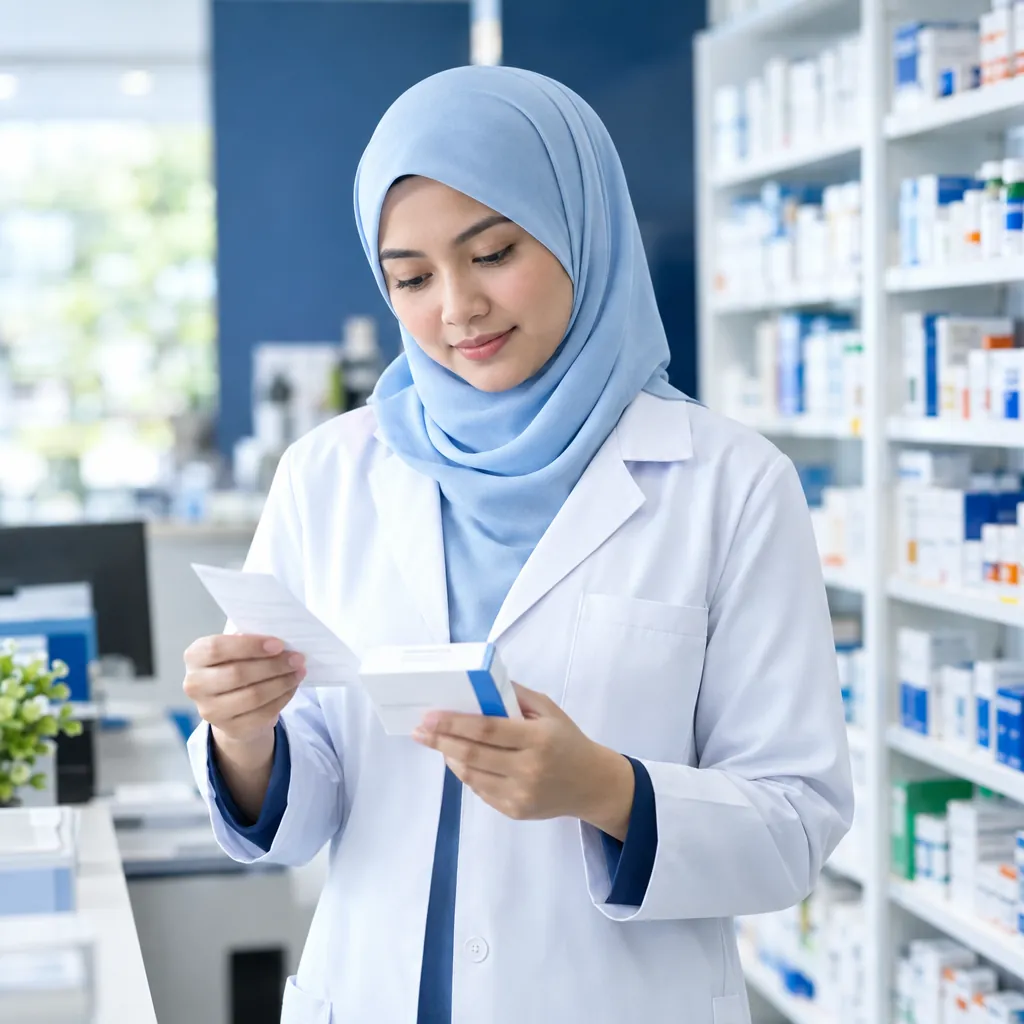 Pharmacist checking a prescription in a modern pharmacy dispensary